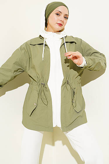 Bel Tünelli Kapüşonlu Paraşüt Ceket Haki - Ceket
