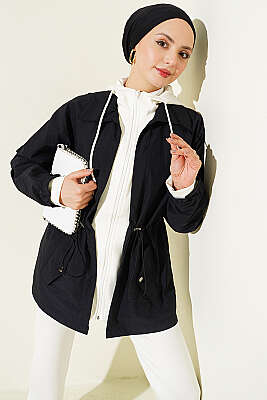 Bel Tünelli Kapüşonlu Paraşüt Ceket Siyah - LEVURE