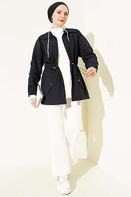 Bel Tünelli Kapüşonlu Paraşüt Ceket Siyah - Ceket