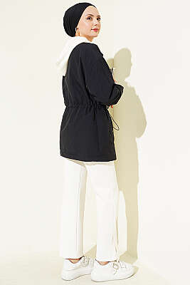 Bel Tünelli Kapüşonlu Paraşüt Ceket Siyah - Ceket