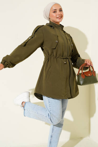 Bel Tünelli Kapüşonlu Trençkot Haki - Trençkot