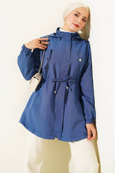 Bel Tünelli Kapüşonlu Trençkot İndigo - Trençkot