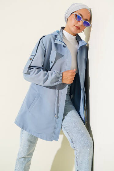 Bel Tünelli Kapüşonlu Trençkot Mavi - Trençkot