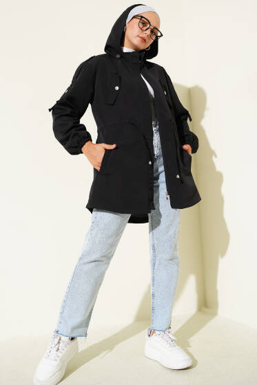 Bel Tünelli Kapüşonlu Trençkot Siyah - Trençkot