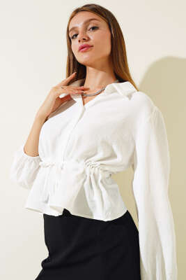 Bel Tünelli Kısa Gömlek Beyaz - Kadın Giyim Modelleri