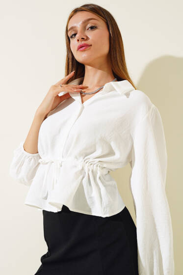 Bel Tünelli Kısa Gömlek Beyaz - Yeni Giyim