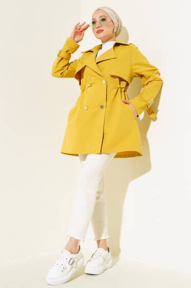 Bel Tünelli Kısa Trençkot Hardal - Trençkot