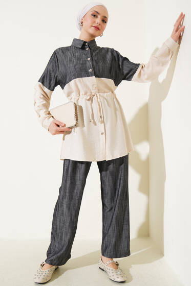 Bel Tünelli Kot Garnili İkili Takım Bej - İkili Takım