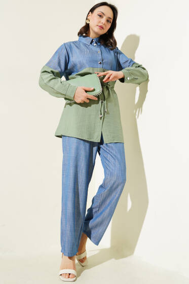 Bel Tünelli Kot Garnili İkili Takım Çağla Yeşili - İkili Takım