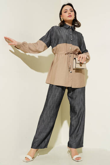 Bel Tünelli Kot Garnili İkili Takım Latte - İkili Takım