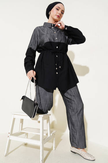 Bel Tünelli Kot Garnili İkili Takım Siyah - İkili Takım