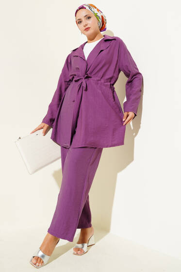 Bel Tünelli Kruvaze Yaka İkili Takım Magenta - İkili Takım