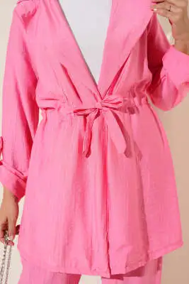Bel Tünelli Kruvaze Yaka İkili Takım Pembe - İkili Takım