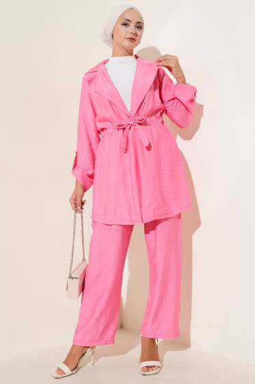 Bel Tünelli Kruvaze Yaka İkili Takım Pembe - İkili Takım