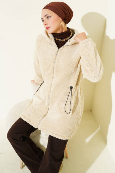 Bel Tünelli Lastikli Peluş Hırka Bej - Hırka