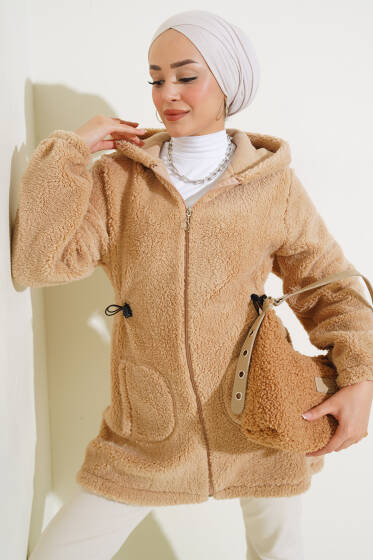 Bel Tünelli Lastikli Peluş Hırka Camel - Hırka