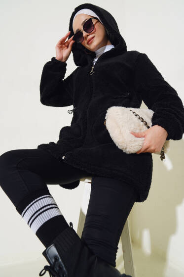 Bel Tünelli Lastikli Peluş Hırka Siyah - Hırka