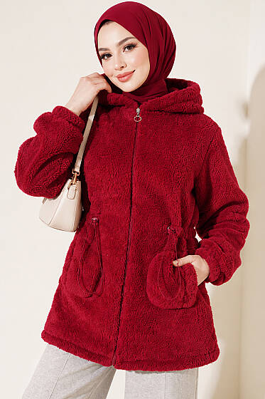Bel Tünelli Lastikli Peluş Hırka Vişne - Hırka