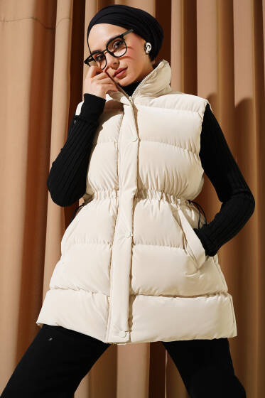 Bel Tünelli Mat Şişme Yelek Bej - Yelek