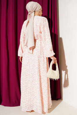 Bel Tünelli Nakışlı Elbise Pudra - Tesettür Elbise