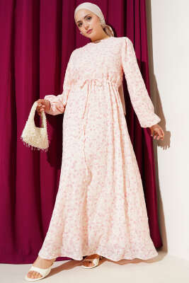 Bel Tünelli Nakışlı Elbise Pudra