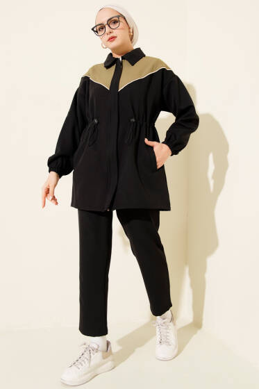 Bel Tünelli Omuz Biyeli İkili Takım Siyah - İkili Takım