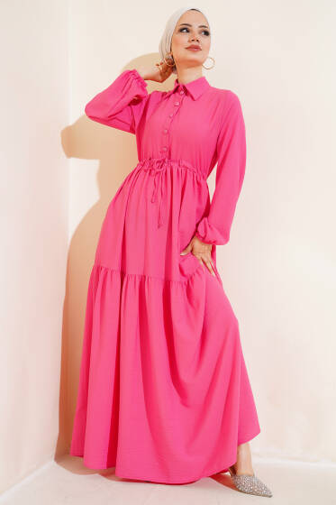 Bel Tünelli Patlı Elbise Fuşya - Elbise