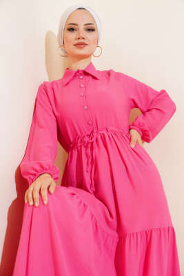 Bel Tünelli Patlı Elbise Fuşya - Tesettür Elbise