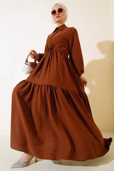 Bel Tünelli Patlı Elbise Kahve - Elbise