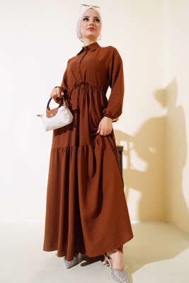Bel Tünelli Patlı Elbise Kahve - Tesettür Elbise