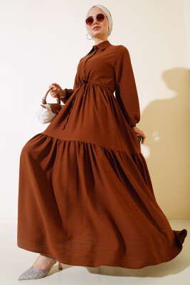 Bel Tünelli Patlı Elbise Kahve - Tesettür Elbise