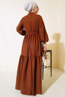 Bel Tünelli Patlı Elbise Kahve - Tesettür Elbise