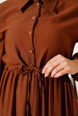 Bel Tünelli Patlı Elbise Kahve - Tesettür Elbise