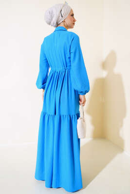 Bel Tünelli Patlı Elbise Mavi - Tesettür Elbise
