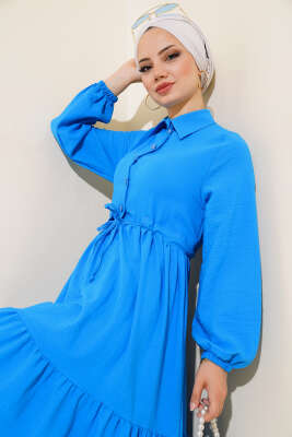 Bel Tünelli Patlı Elbise Mavi - Tesettür Elbise