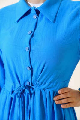 Bel Tünelli Patlı Elbise Mavi - Tesettür Elbise