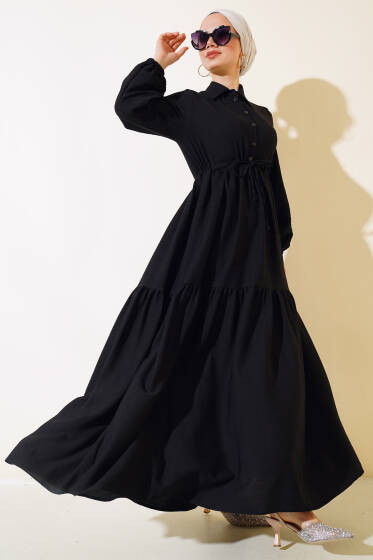 Bel Tünelli Patlı Elbise Siyah - Elbise