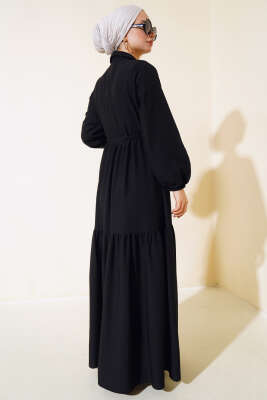 Bel Tünelli Patlı Elbise Siyah - Tesettür Elbise