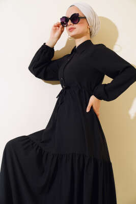 Bel Tünelli Patlı Elbise Siyah - Tesettür Elbise