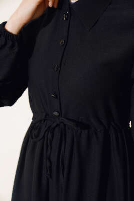 Bel Tünelli Patlı Elbise Siyah - Tesettür Elbise