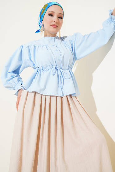 Bel Tünelli Pileli Kısa Gömlek Bebe Mavi - Gömlek