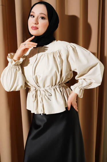 Bel Tünelli Pileli Kısa Gömlek Bej - Gömlek