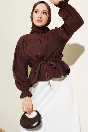 Bel Tünelli Pileli Kısa Gömlek Kahve - Gömlek