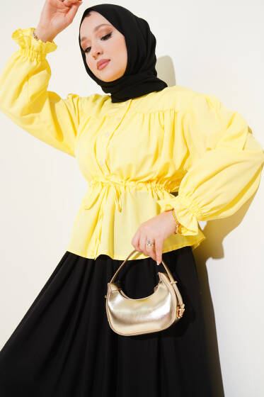 Bel Tünelli Pileli Kısa Gömlek Sarı - Gömlek