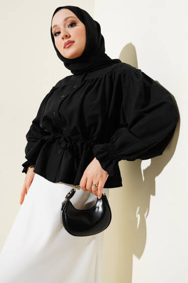 Bel Tünelli Pileli Kısa Gömlek Siyah - Gömlek