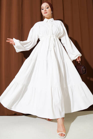 Bel Tünelli Poplin Kat Kat Elbise Beyaz - Elbise