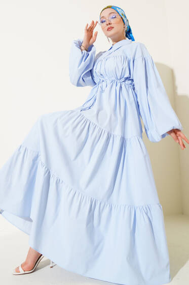 Bel Tünelli Poplin Kat Kat Elbise Mavi - Elbise