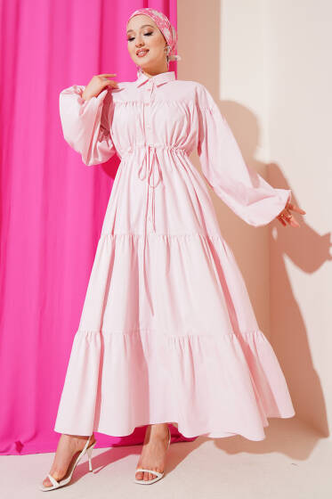 Bel Tünelli Poplin Kat Kat Elbise Pembe - Elbise