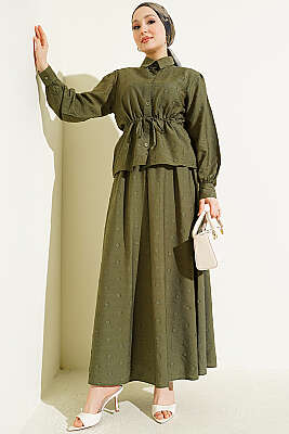 Bel Tünelli Puantiyeli Etekli İkili Takım Haki 