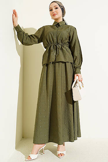 Bel Tünelli Puantiyeli Etekli İkili Takım Haki - İkili Takım